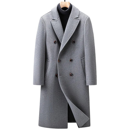 New Autumn Winter Men's Thickened Wool Overcoat, Double-breasted Knee-length Long Woolen Trench Coat