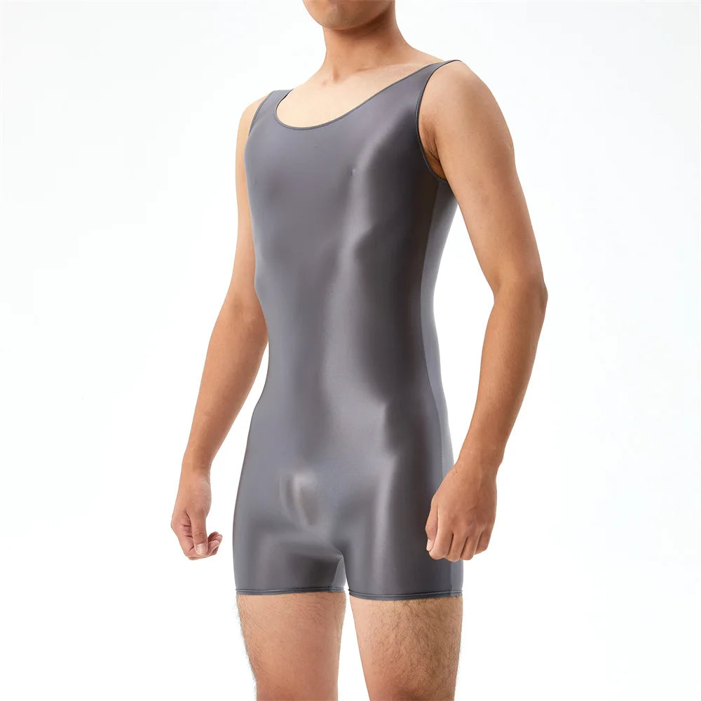Oil Shiny Glossy Bodysuits Seamless Front Pouch Tights Body Man Sexy Transparent Waist Shapers Men Playsuit Sleeveless Bodysuit