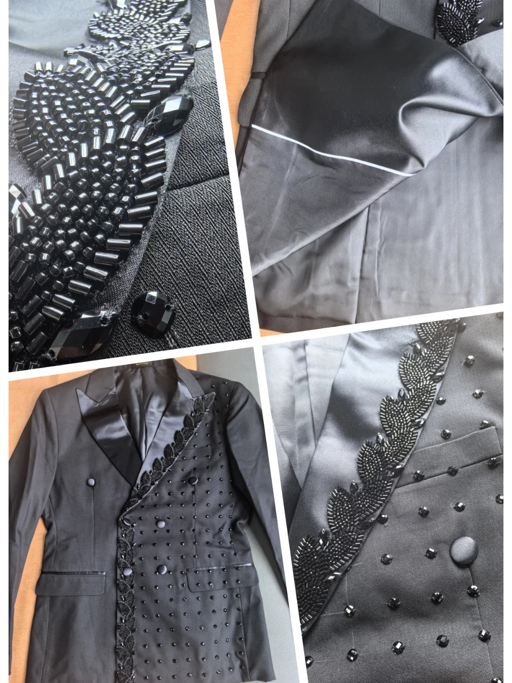 Textured Black Men's Suit Sophisticated Party Beaded Customized Celebrity Peak Lapel Groom Wear In Stock Prom Set Fast Shipping