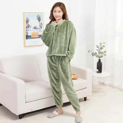 Couples Flannel Sleepwear Hooded Home Clothes Set Men Women Casual Warm Long Sleeve round Neck Wide Leg Pants Comfortable