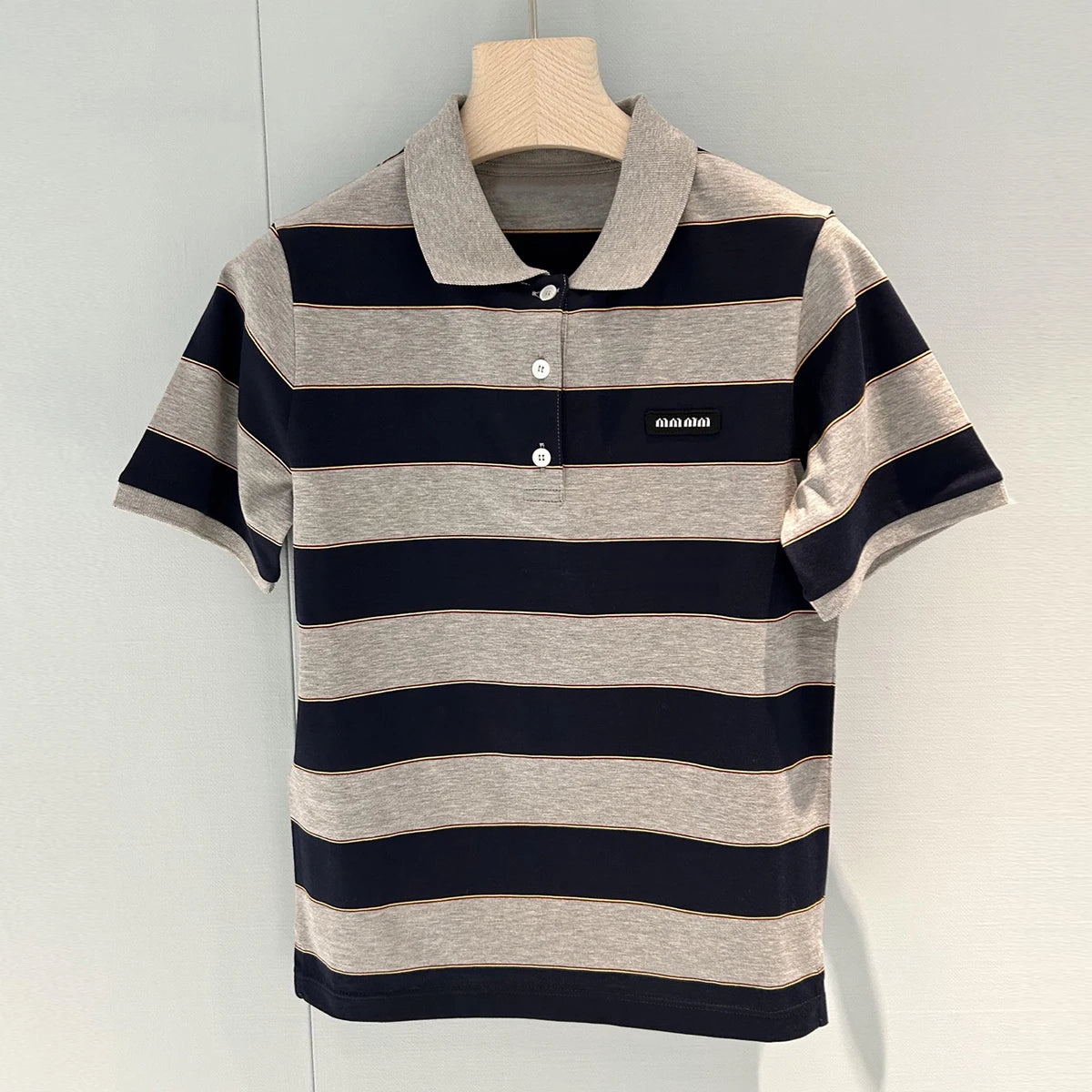 Sweet Cool Girl Spring New Style Miu Style Embroidered Letter Grey Blue Color Block Stripe  Short Sleeve Women's Top