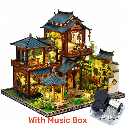 DIY Miniature Dollhouse Traditional Chinese Courtyard,3D Wooden Puzzle DIY Kit with LED Light, Creative Birthday Gift Home Decor