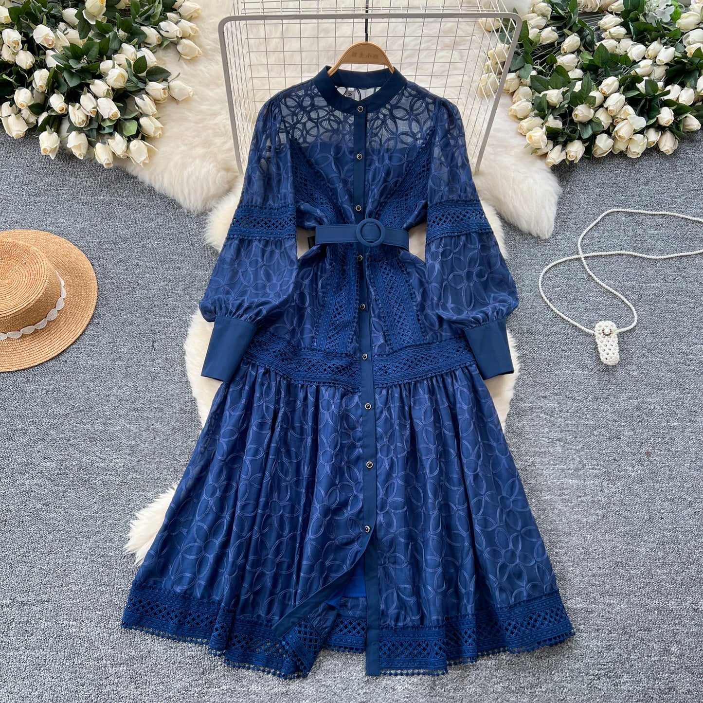 Court Sle Heavy Embroidery Lantern Sve Long Dr Women's Retro Winter Faion High Waist A-Line Dr Korean Version