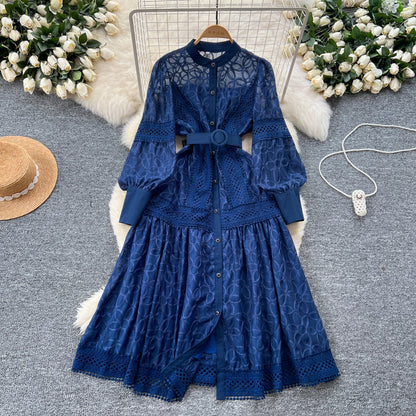 Court Sle Heavy Embroidery Lantern Sve Long Dr Women's Retro Winter Faion High Waist A-Line Dr Korean Version