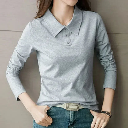 High Quality T-shirts 100℅ Cotton Female Tee Long Sleeve With Collar Korean Popular Clothes Basic Pretty Original Women's Polo