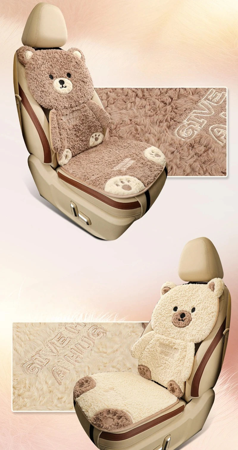 Cartoon 3D Bear Universal Car Seat Cushion Covers Plush Backrest for Autumn Winter Warm Cute Designed Seat Accessories