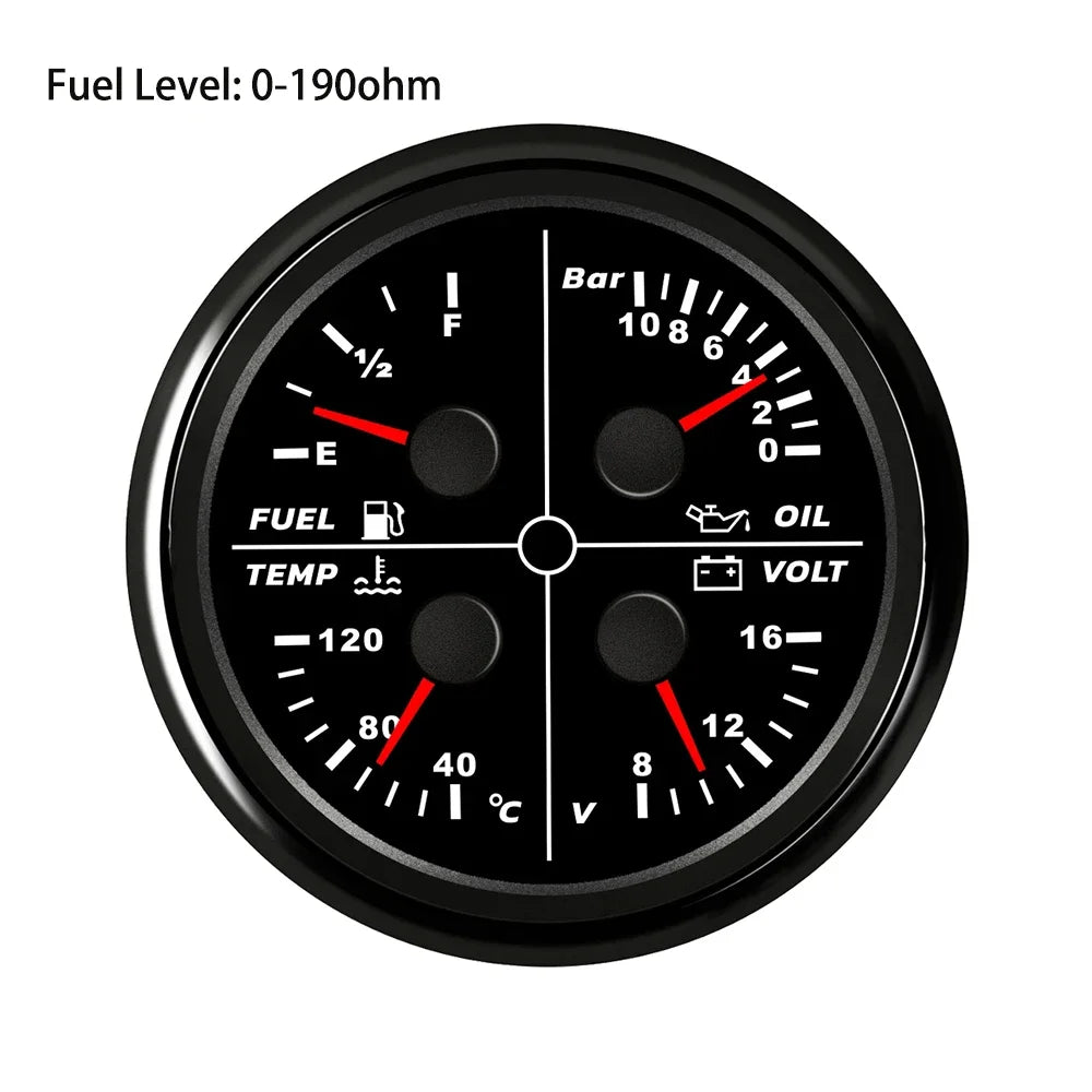 ELING Waterproof Auto Marine 85mm 4 in 1 Gauge Oil Pressure Water Temp Fuel Level Voltmeter for Motorcycle 8-16V