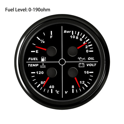 ELING Waterproof Auto Marine 85mm 4 in 1 Gauge Oil Pressure Water Temp Fuel Level Voltmeter for Motorcycle 8-16V