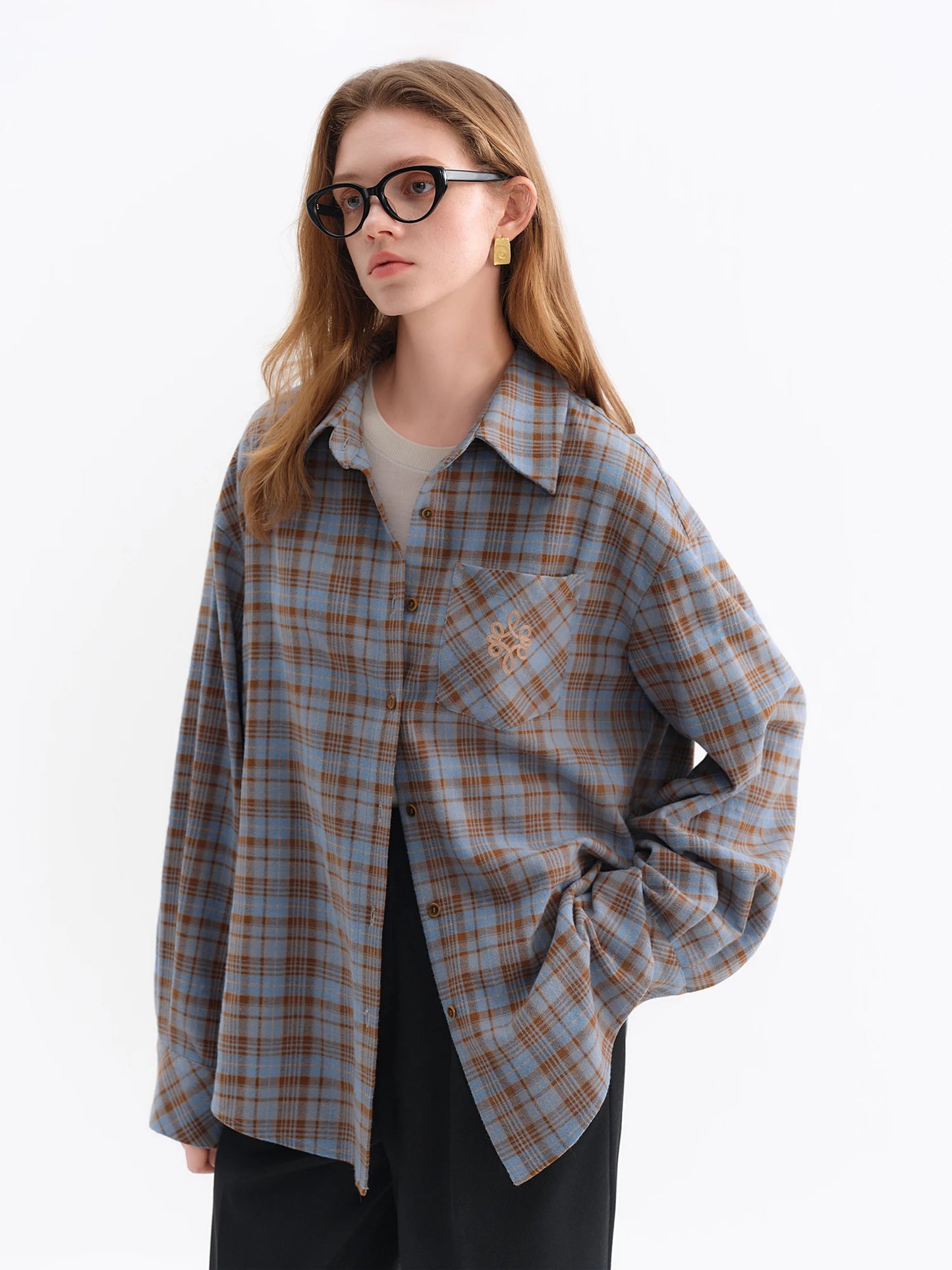 FSLE Brushed Plaid Shirt Women's Winter 2025 New Long Sleeve Plaid Retro Embroidery Shirt Classic Leisure Loose Tops