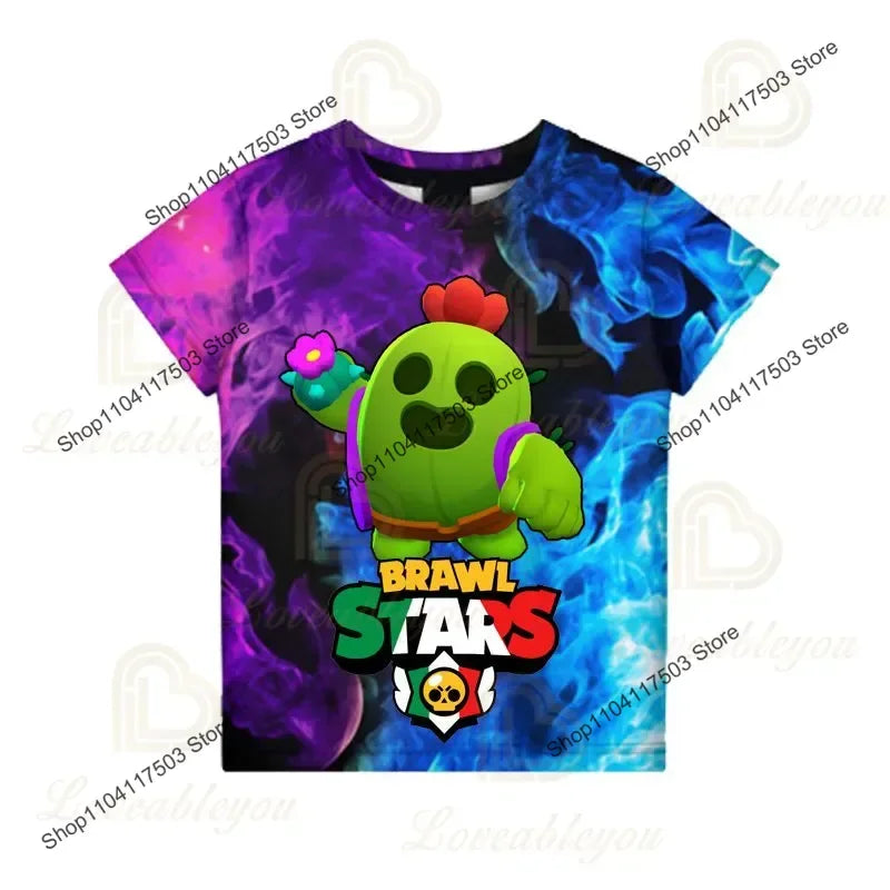 Brawler Leon Shooter Kids T-shirt Shooting Game Spike 3D Print Tshirt Boys Girls Cartoon Tops Teen Clothes