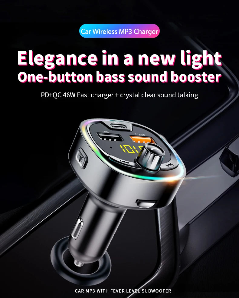 Car FM transmitter, wireless 5.0 QC3.0 & PD 18W USB-C car charger, RGB backlit car receiver, supports hands-free calls, Siri Goo