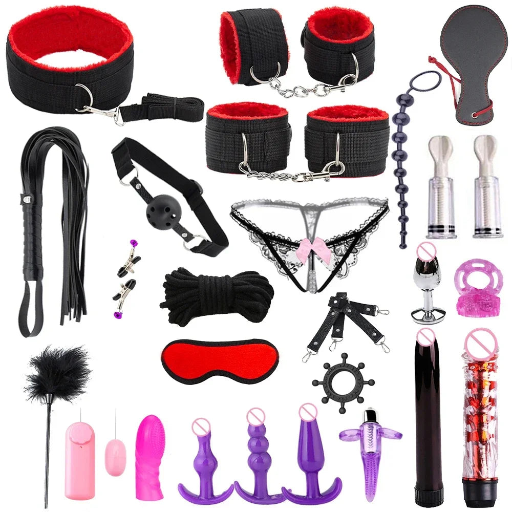 Hot Exotic Bed Bondage Set BDSM Kits Exotic Sex Toys For Women Adults Games Leather Handcuffs Whip Gag Nipple Clamps Sex Shop