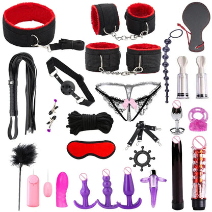 Hot Exotic Bed Bondage Set BDSM Kits Exotic Sex Toys For Women Adults Games Leather Handcuffs Whip Gag Nipple Clamps Sex Shop