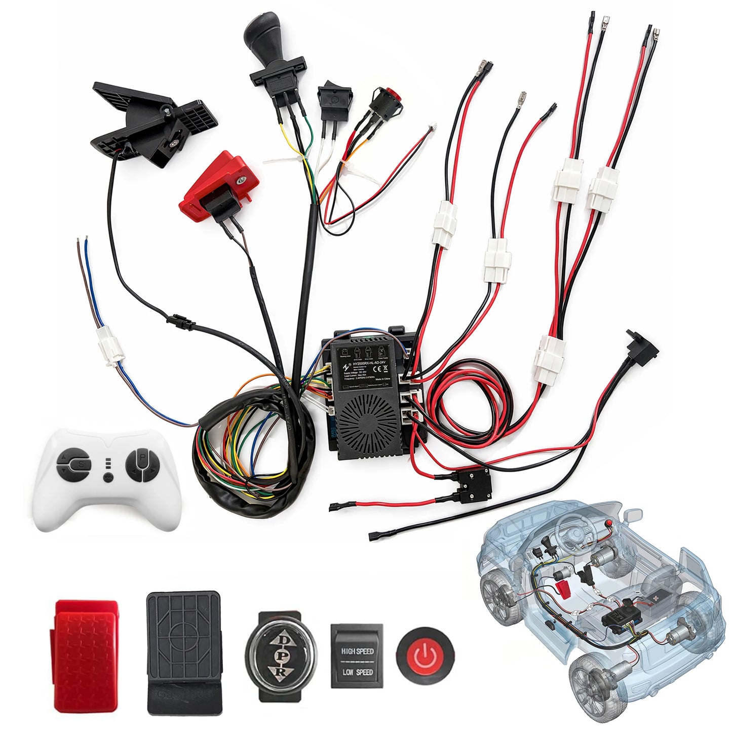 24V Speed Controller Kit Conversion Kit with Variable Speed Pedal and Brake and wires harness for Children Electric Car Upgrade