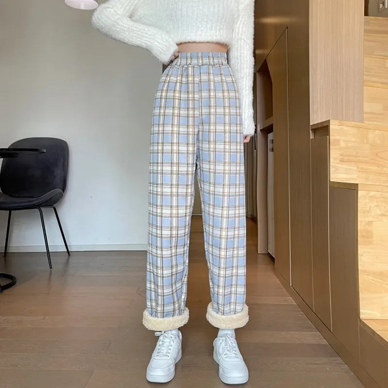 Shearling Lined Plaid Pants Women Winter High Waist Flared Trousers Straight Leg Warm Fleece Thermal Bottoms for Women Casual