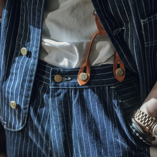 Non Stock 1920s Waist Overall Wabash Stripe Jeans Retro Men's Work Pants Indigo
