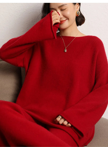 Women's 100% Cashmere Wide Leg Pants Knitted Thick Autumn/Winter Casual Solid Color Elastic Waistband Pockets