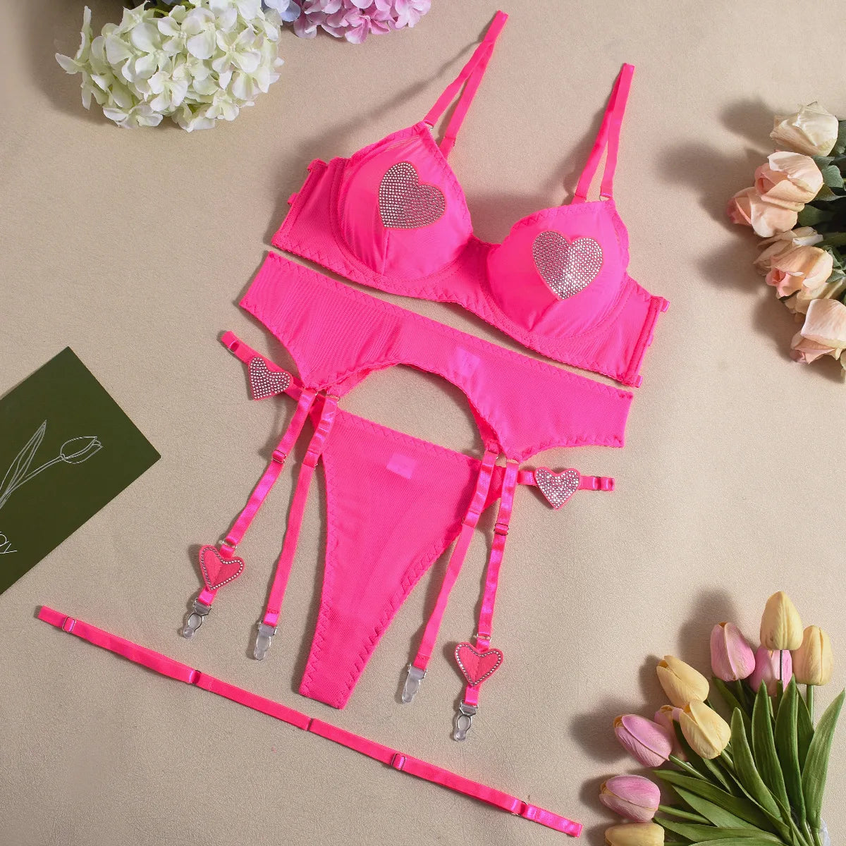 Ellolace Daring Women's Lingerie Sets Fancy Sexy Bra Belt Thong 3PC with Leg Circles Romantic Heart Rhinestone Women Underwear