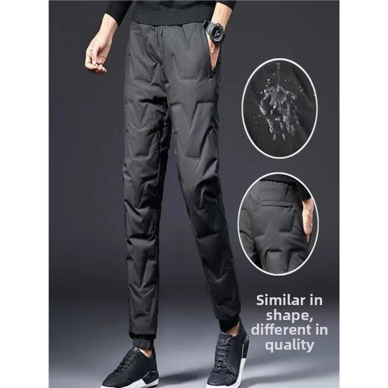 Men's Outdoor Windproof Warm down Trousers Thick Winter Business Casual Pants Long Outerwear Stylish plus Size White