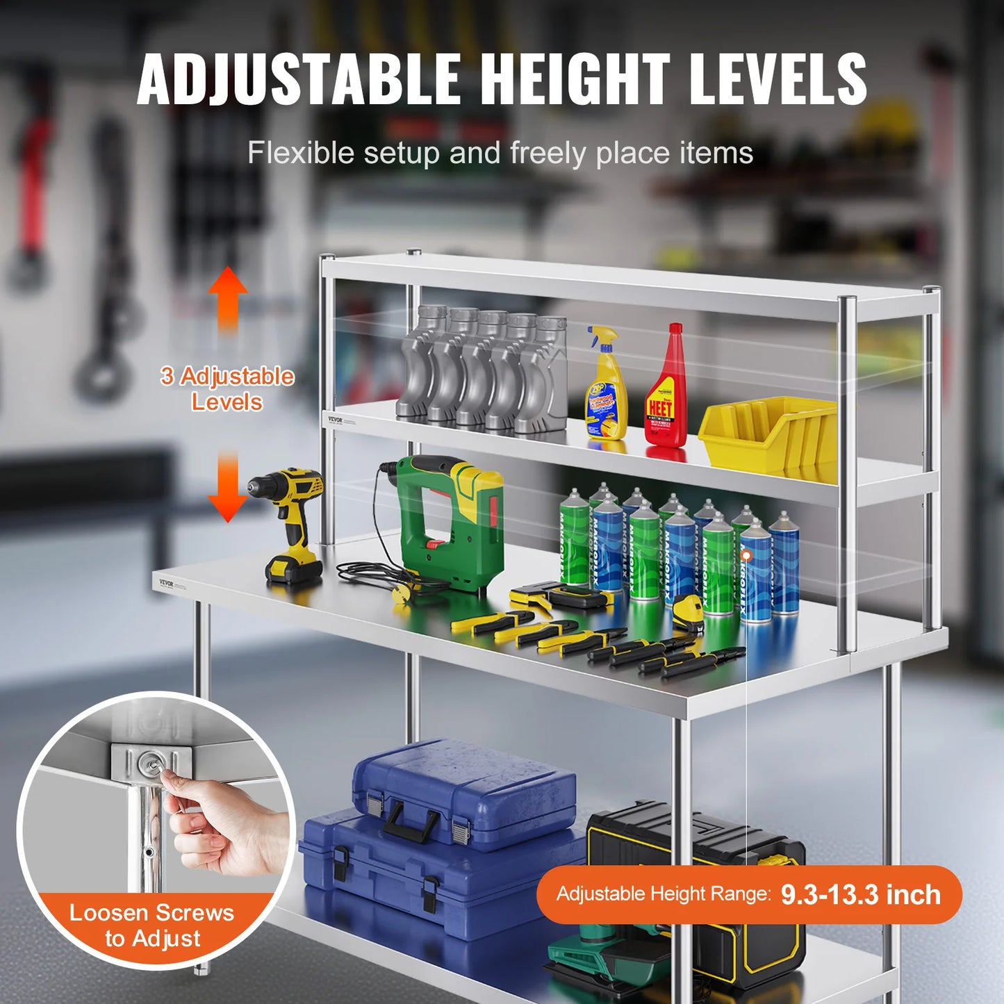 SucceBuy Stainless Steel kitchen worktable Overshelf with Height Adjustable Overshelf Prep Work Table for Kitchen Restaurant