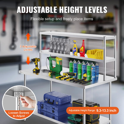 SucceBuy Stainless Steel kitchen worktable Overshelf with Height Adjustable Overshelf Prep Work Table for Kitchen Restaurant