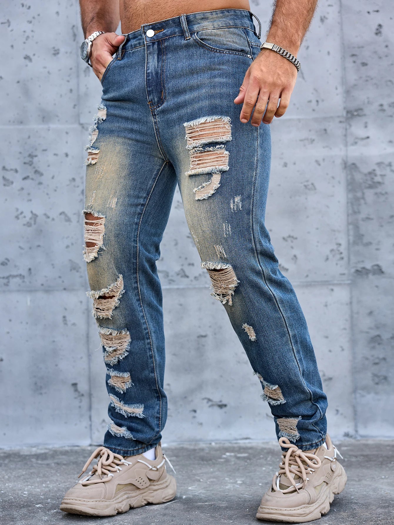 Men Denim Jeans Pants Clothing Trousers Men's Vintage Washed Ripped Straight Leg Denim Jeans