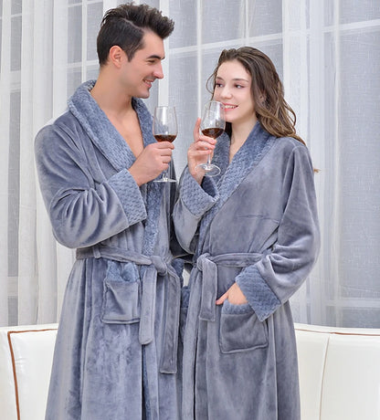 Thickened Fleece Pajamas Sleepwear Hotel Robe Waist-Cinching Long Length Velvet for Couples Autumn Winter Pure Color Home Clo...
