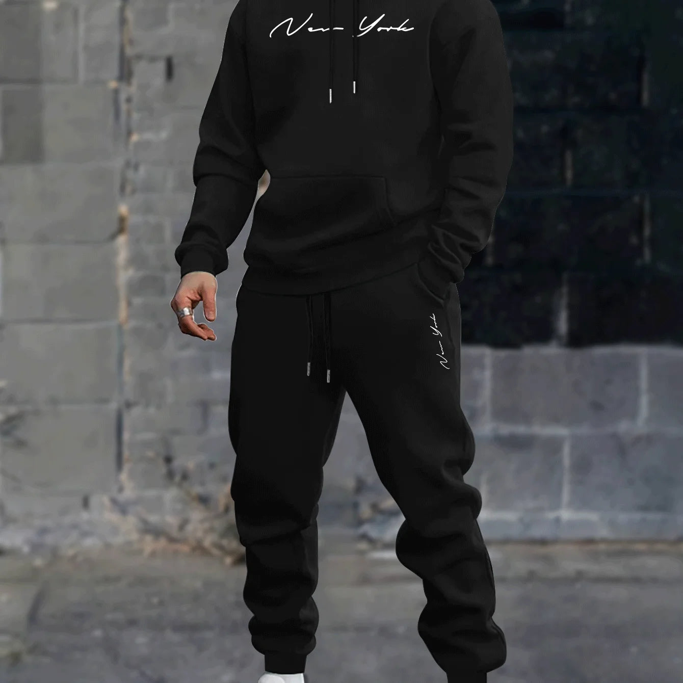 Men's printed hooded sweater and fleece pants set new two-piece winter-spring boyfriend sweatshirt and drawstring casual pants
