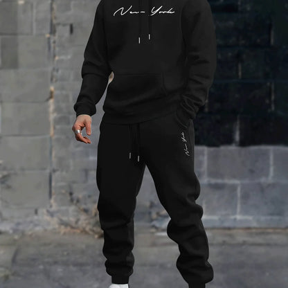 Men's printed hooded sweater and fleece pants set new two-piece winter-spring boyfriend sweatshirt and drawstring casual pants