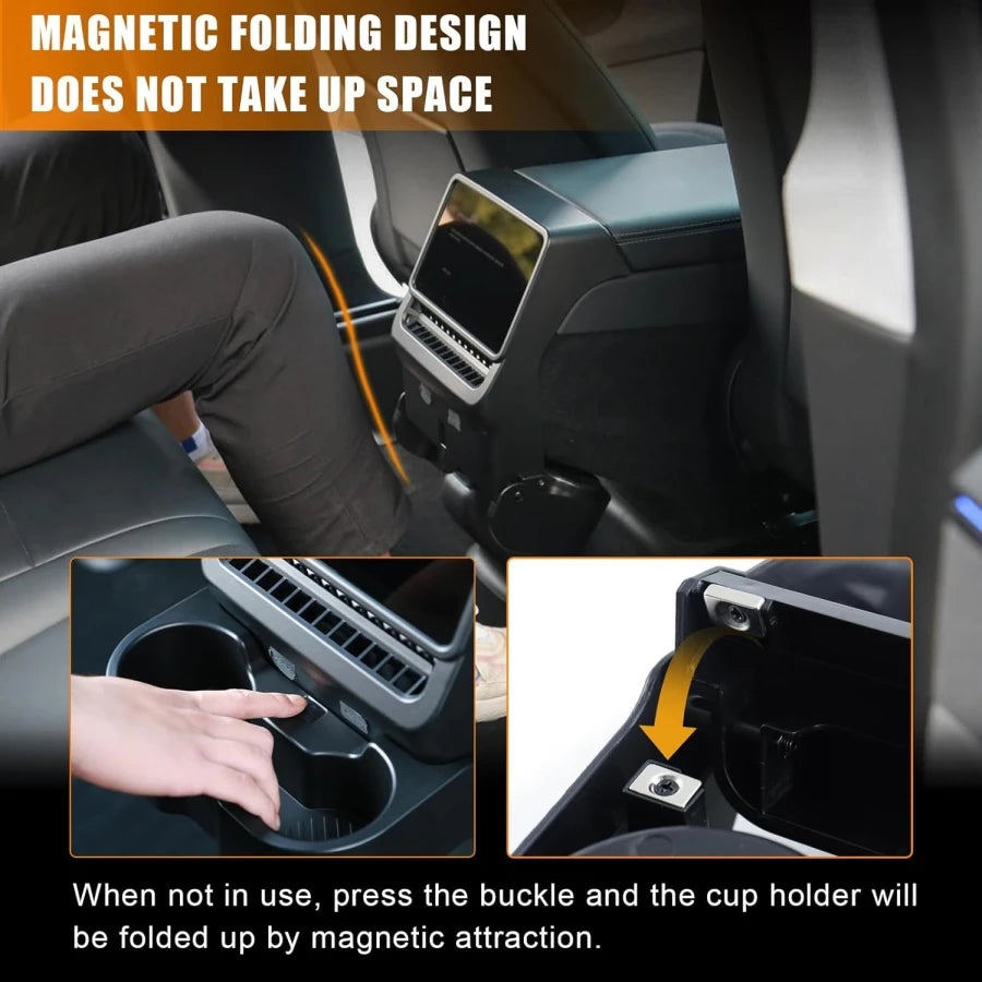 3-In-1 Design Rear Seat Cup Holder Organizer For Tesla Model Y Juniper 2025+ & Model 3 Highland 2024+ Retractable and Foldable