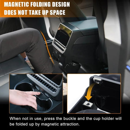 3-In-1 Design Rear Seat Cup Holder Organizer For Tesla Model Y Juniper 2025+ & Model 3 Highland 2024+ Retractable and Foldable