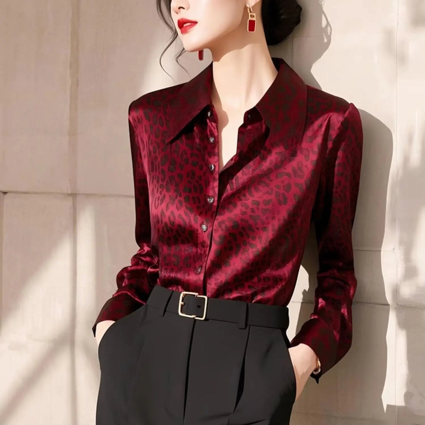 Red Leopard Print Long Sleeve Shirt Women's Fashionable Maturity Style Premium Quality Top Trendy Autumn 2025 Casual Wear