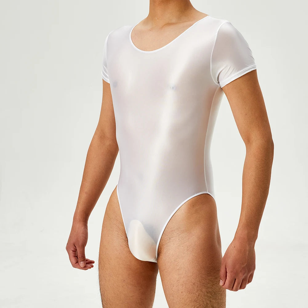 Men's Bodysuit Short Sleeve Oil Shiny High Cut Shapers Leotard Elastic Man Women Sexy Lingerie Jumpsuit Underwear
