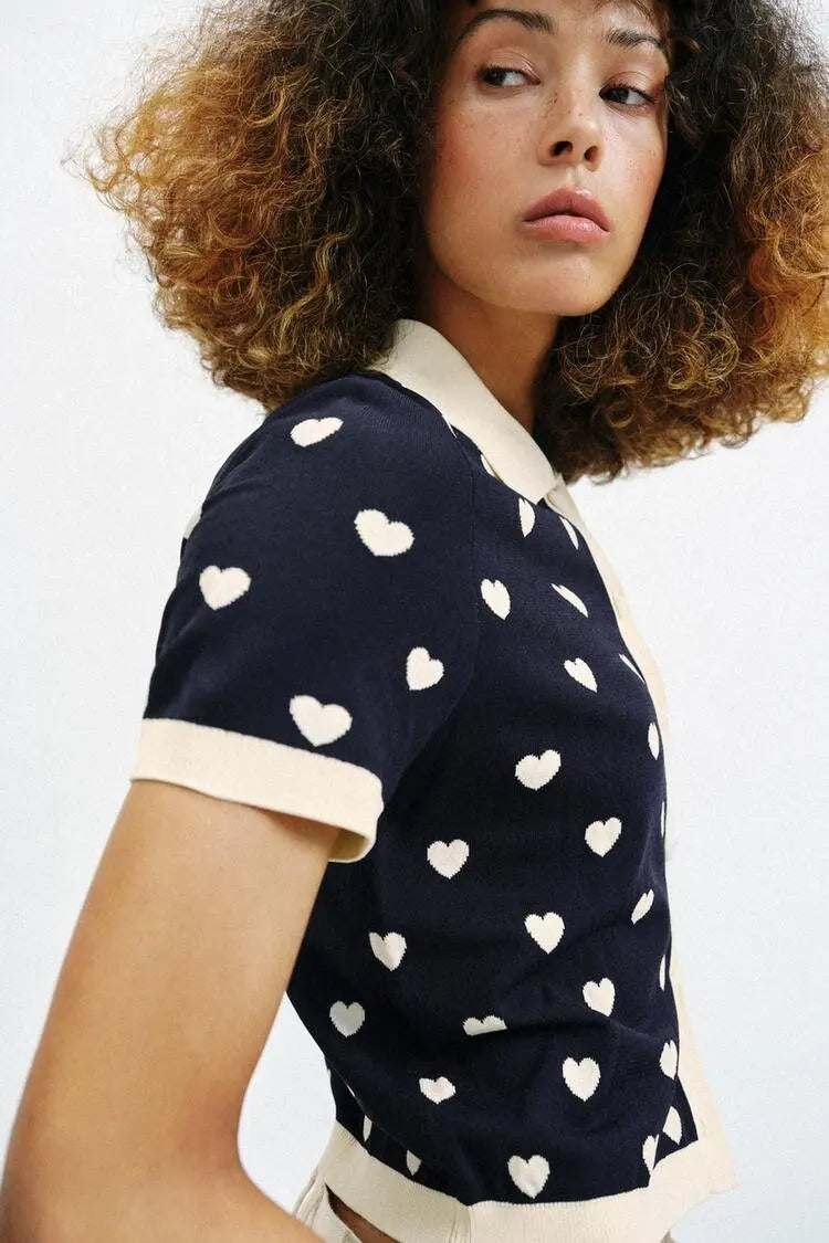 New Summer Women's Street Style  Shirt Turn-down Collar Short Sleeve Color Block Heart Pattern Embroidery Casual Top