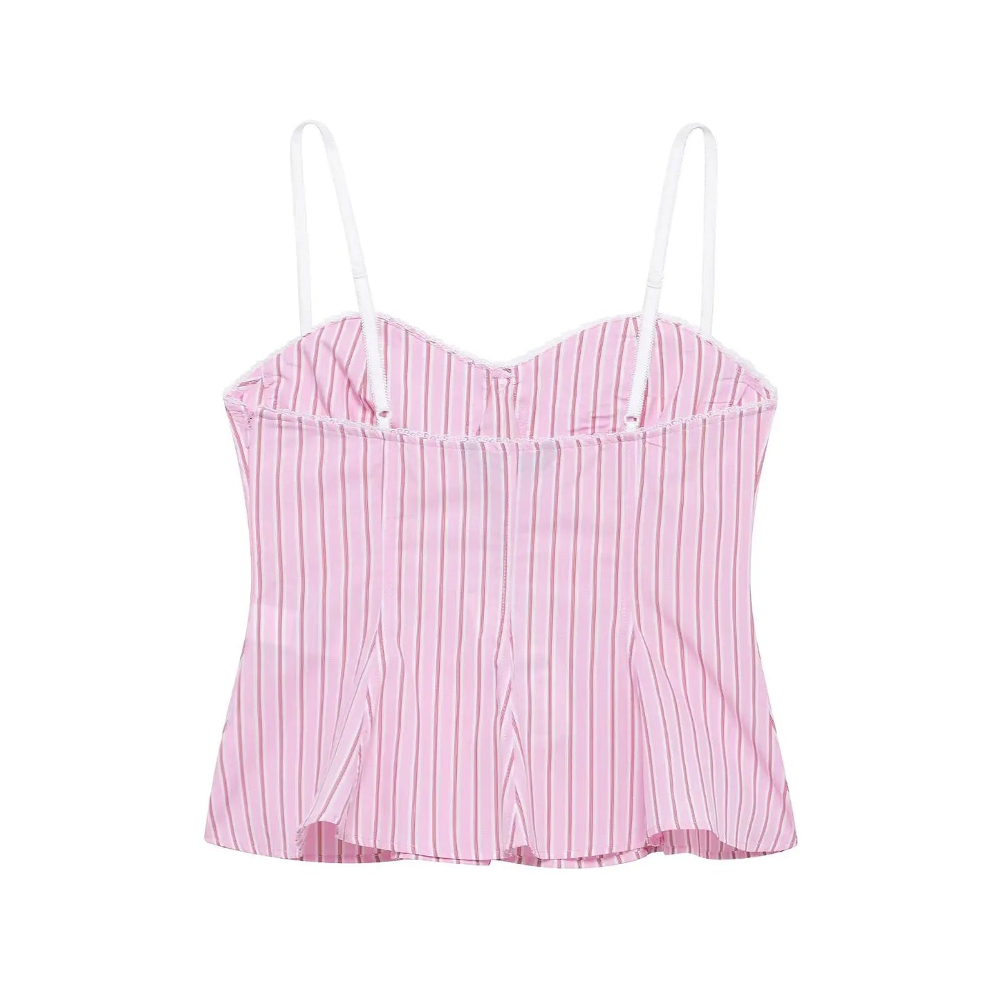 HH Women Striped Pants Suit Lapel Pocket Single-breasted Blouse+Side Zipper Lace Short Top+High Waist With Belt Poplin Pant