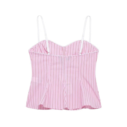 HH Women Striped Pants Suit Lapel Pocket Single-breasted Blouse+Side Zipper Lace Short Top+High Waist With Belt Poplin Pant