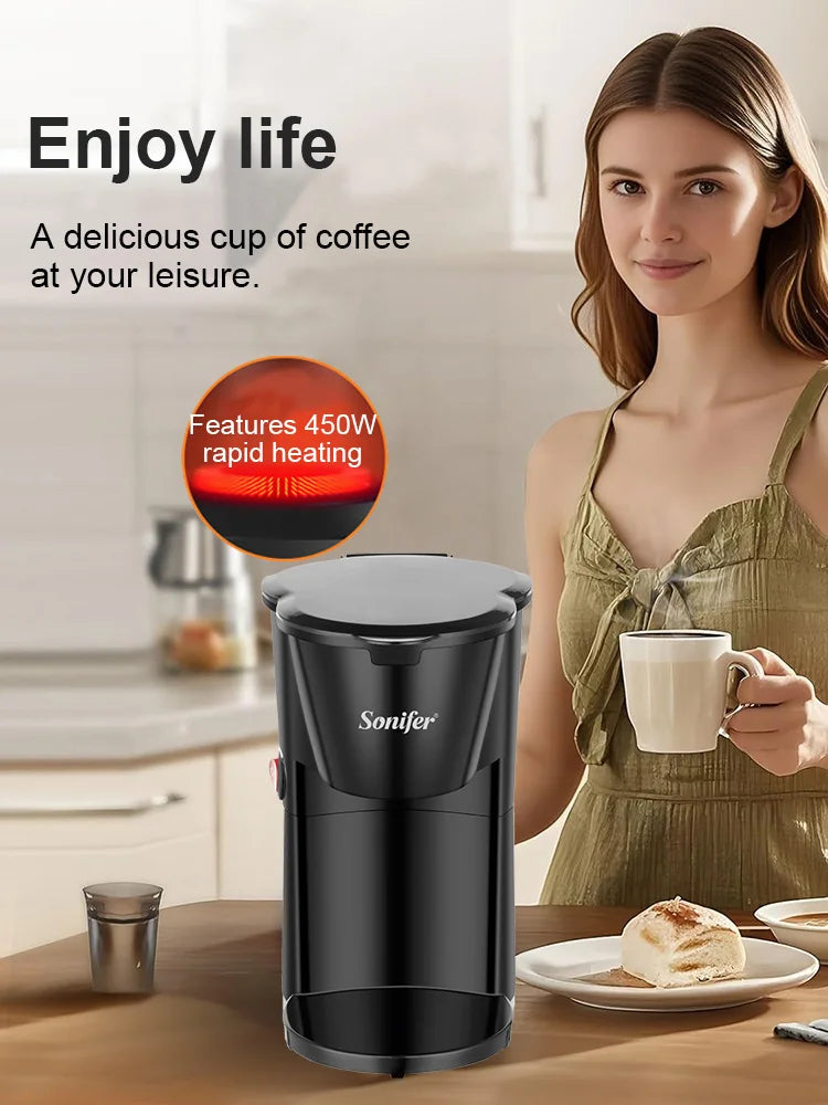 Sonifer 230ml Mini Coffee Maker SF-3593, Single Serve Drip, 450W Fast Brew, 97°C High Temp Brewing, Portable, One-Touch