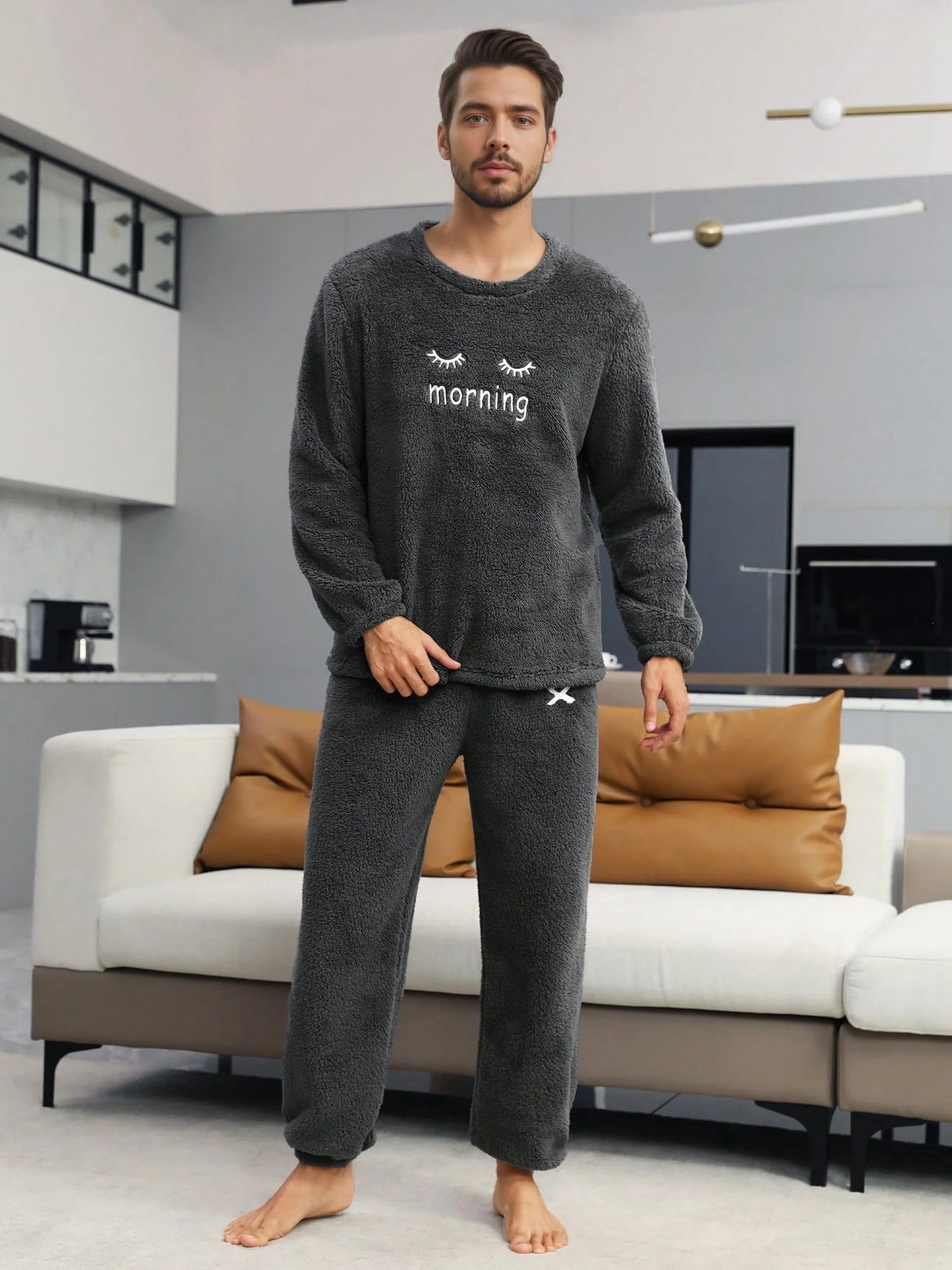 Men'S Flannel Pajamas Set Warm Loungewear Set Embroidery Eyelash Cozy Clothing Thickened Loungewear Soft Comfortable Home Wear