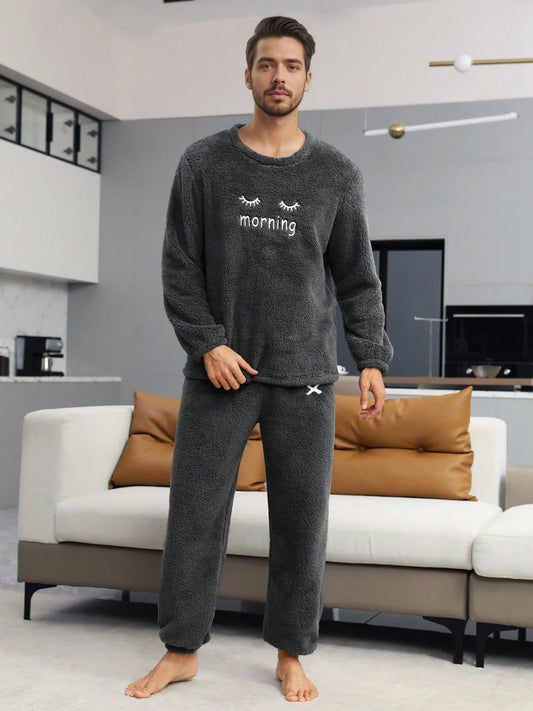 Men'S Flannel Pajamas Set Warm Loungewear Set Embroidery Eyelash Cozy Clothing Thickened Loungewear Soft Comfortable Home Wear