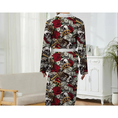 Men Robe 2025 Autumn Men's Trendy Casual Skull Head Rose US Dollar Bill Printing Pattern Home Casual Comfortable Nightgown