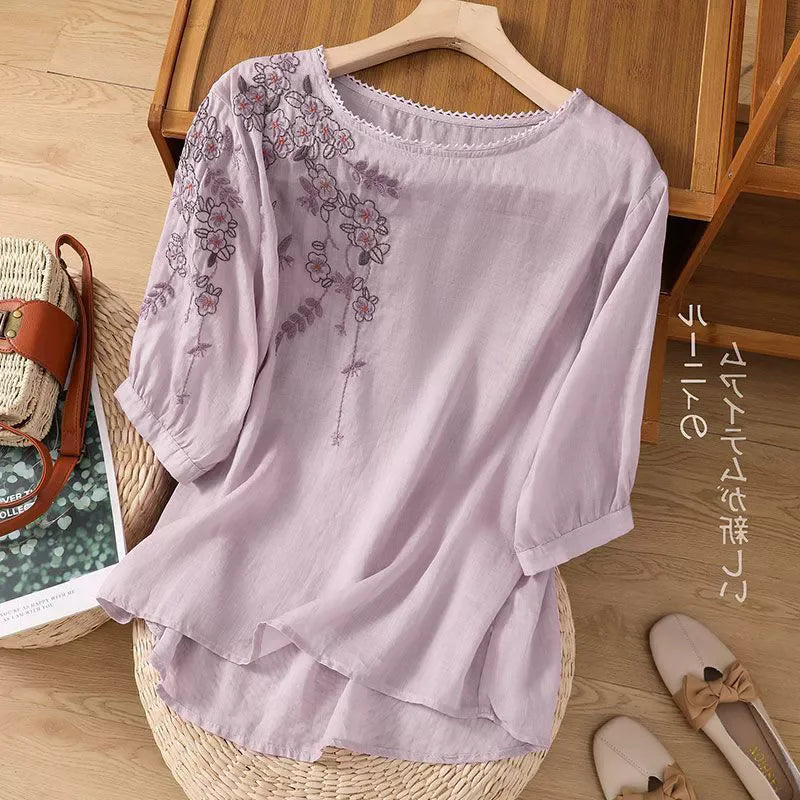 Fashion Thin Cotton Linen Y2k Tops Tee Women Clothing Summer Loose T Shirts Woman Embroidered T-shirt Blusa Casual Ladies tshirt