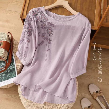 Fashion Thin Cotton Linen Y2k Tops Tee Women Clothing Summer Loose T Shirts Woman Embroidered T-shirt Blusa Casual Ladies tshirt