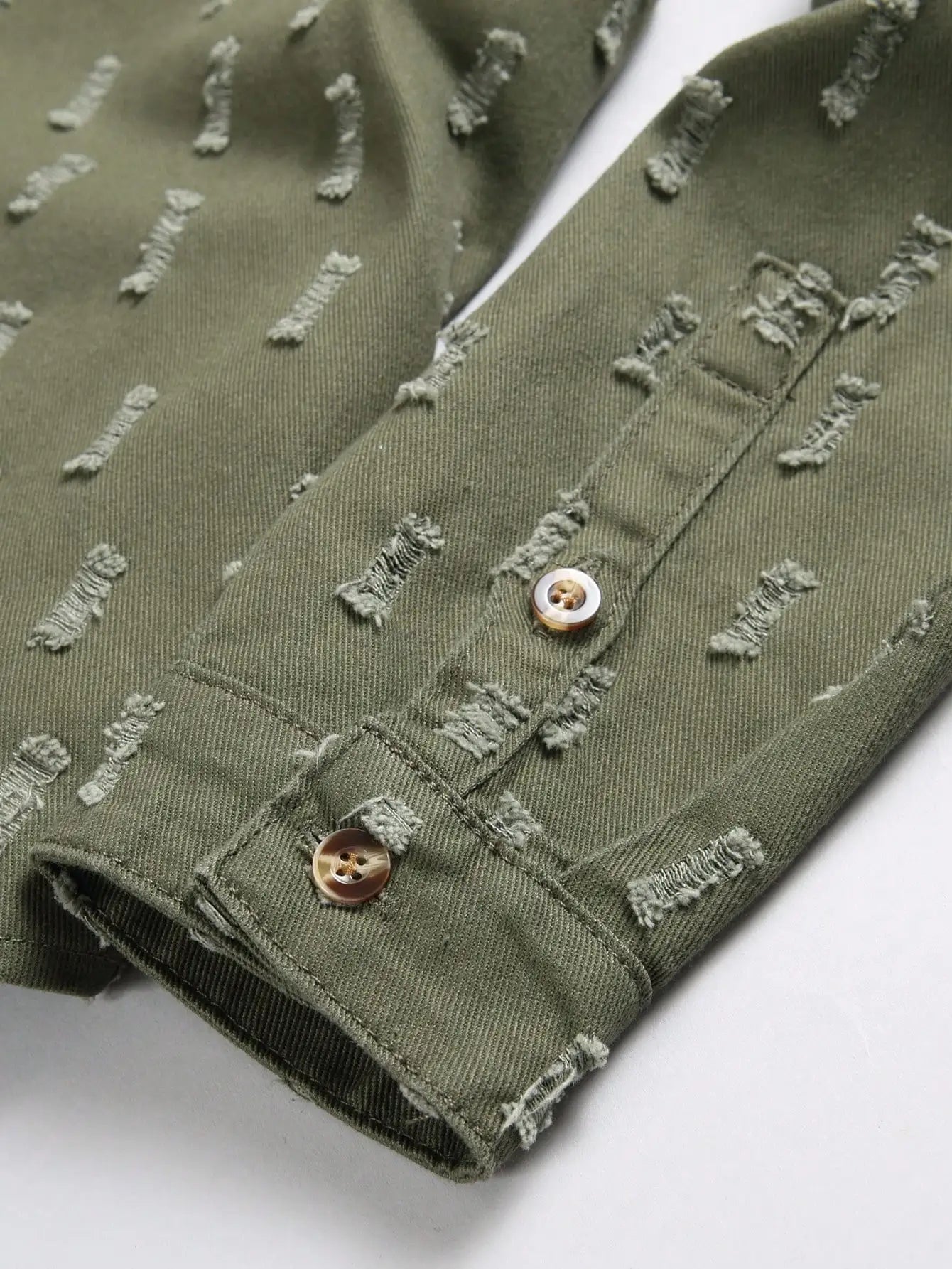 Men's Army Green Textured Ripped Long-Sleeve Denim Shirt, Vintage Casual Lapel Workwear Shirt with Chest Pocket