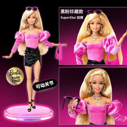 Genuine New Barbie Deluxe Fashion Doll Black Pink Shiny Lace Superstar Face Action Figure Fashion Series Collection Toy Gift