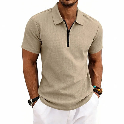 Men's Zip Polo Shirt Short Sleeve Waffle Textured Casual Top 2026