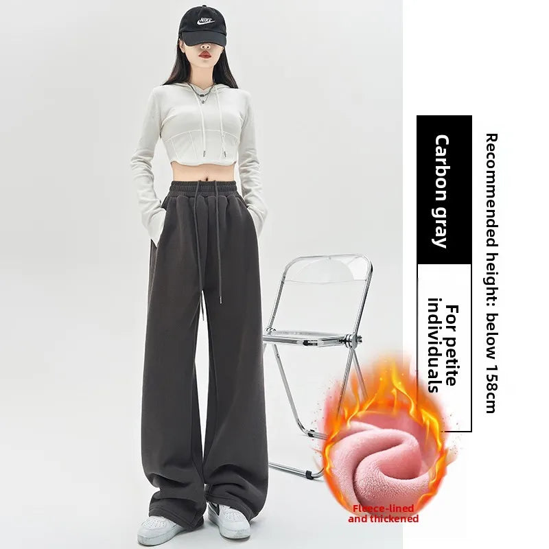 Gray Lamb Velvet Sport Pants Women's High Waist Drapey Fleece Wide Leg Casual Small Size Thickened Cotton Pants