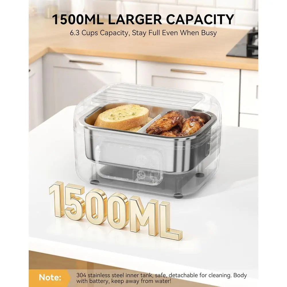 100W 24000mAh Large Capacity Electric Lunch Box with Smart Timer, 6.3-Cup, Portable Food Warmer for Outdoor/Office Use, Black