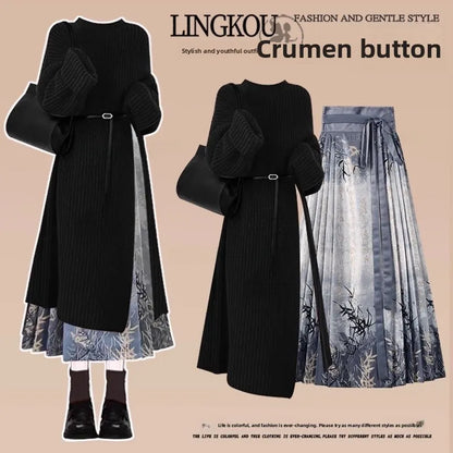Autumn Winter Women's Knitted Dress Set with Slit Long Sleeve round Neck Loose Fit mid Thickening Two Pieces National Style