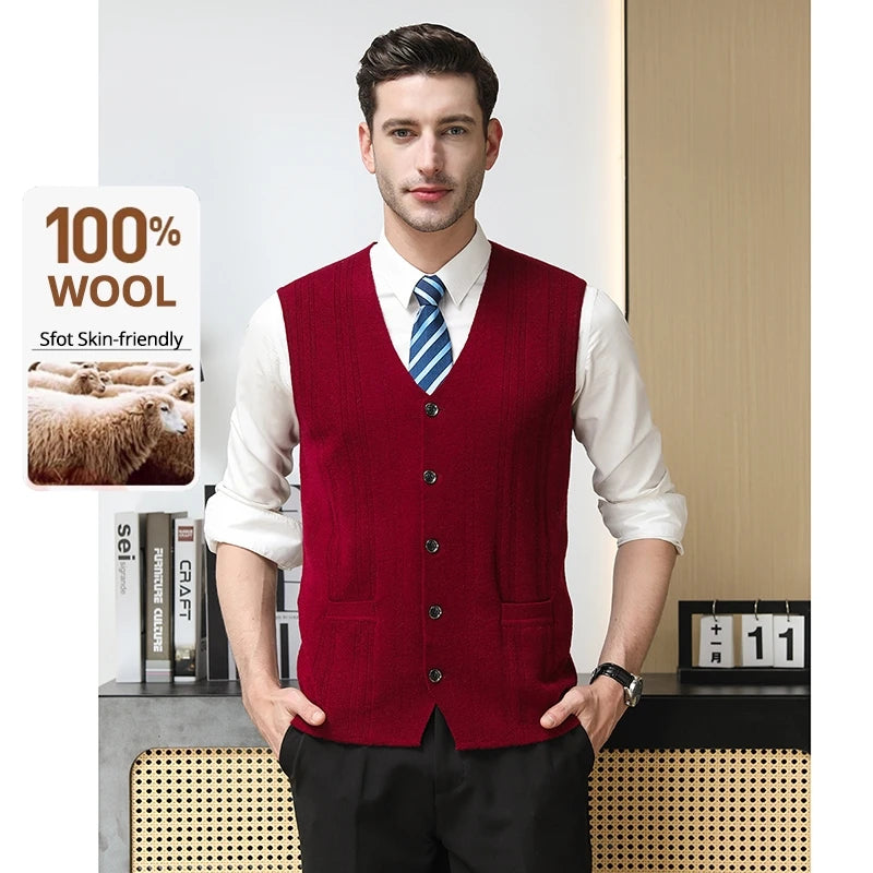 High End 100% Wool New Autum Winter Fashion Brand Knit Cardigan Slim Fit Sweater Vest V-neck Sleeveless Casual Mens Clothing