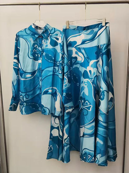 2026 Summer Women's Clothing Retro Geometric Print Lapel Long Sleeve Shirt Two-piece Set + Loose A-Line Skirt Fashion Suit